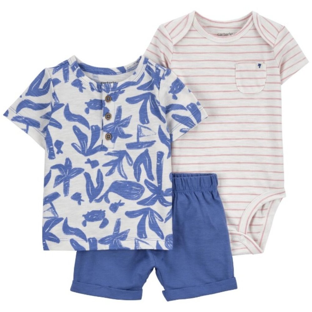 Baby Boys Carter's 3 pc Whales Palms Set -Shirt Bodysuit Shorts Size 3 6 mo NWT